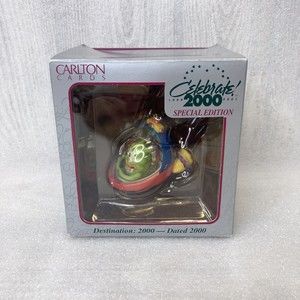 Carlton Card Christmas Ornament Destination 2000 Funky Alien Ship with Child Y2K